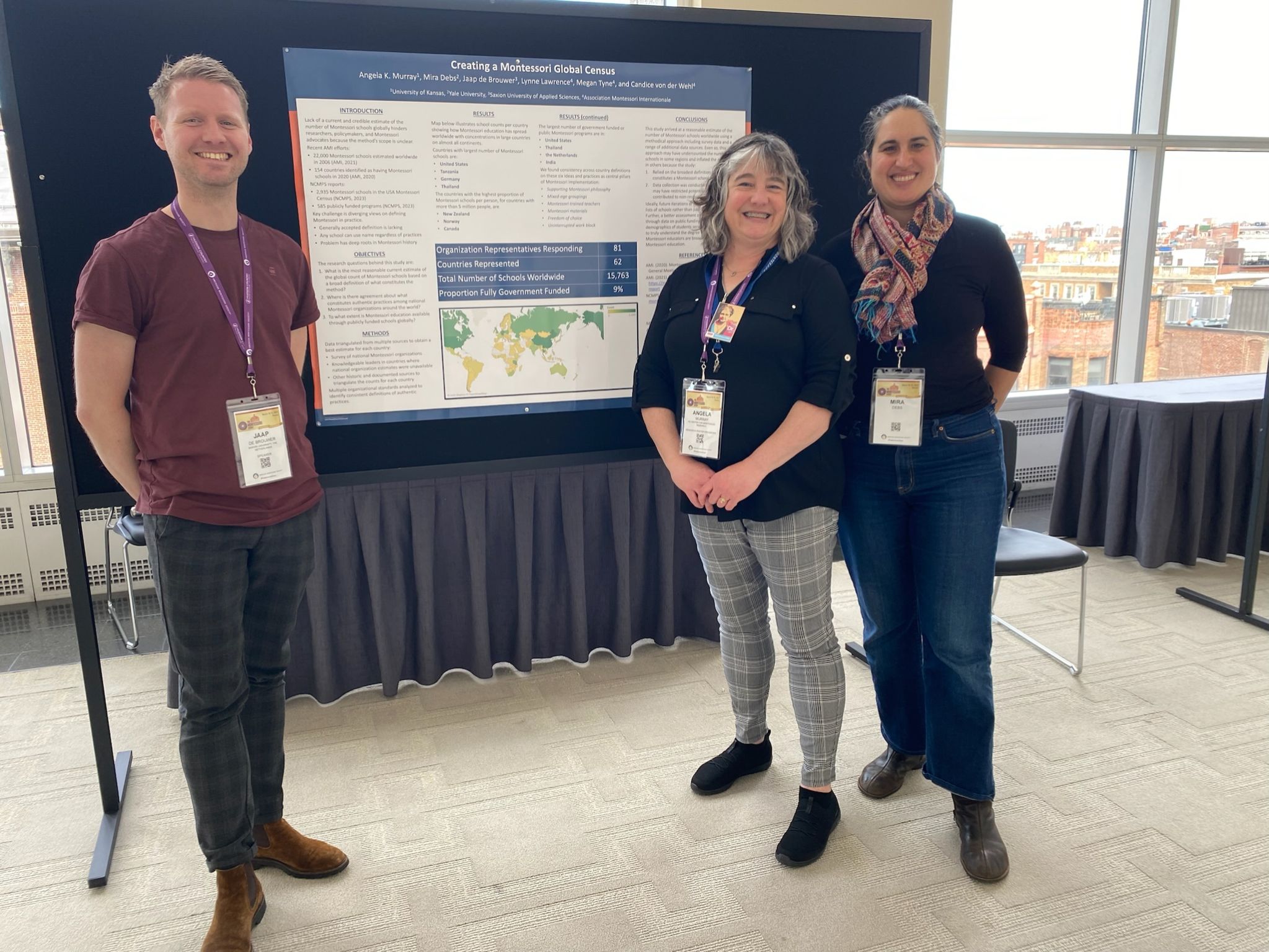 CLARA Director Angela Murray (center) at the AMS Montessori Event to present a research poster on the Global Census research project with colleagues Mira Lutgendorf Debs from Yale University and Jaap de Brouwer from Saxion University, The Netherlands.