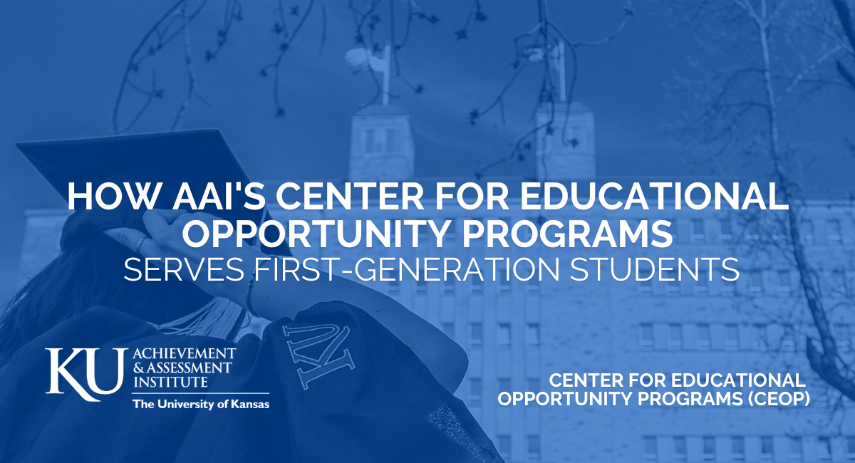 Image Card featuring a blue mask, a student in a mortar and robe in front of Fraser Hall. Text reads: How AAI's Center for Educational Opportunity Programs Serves First-Generation Students
