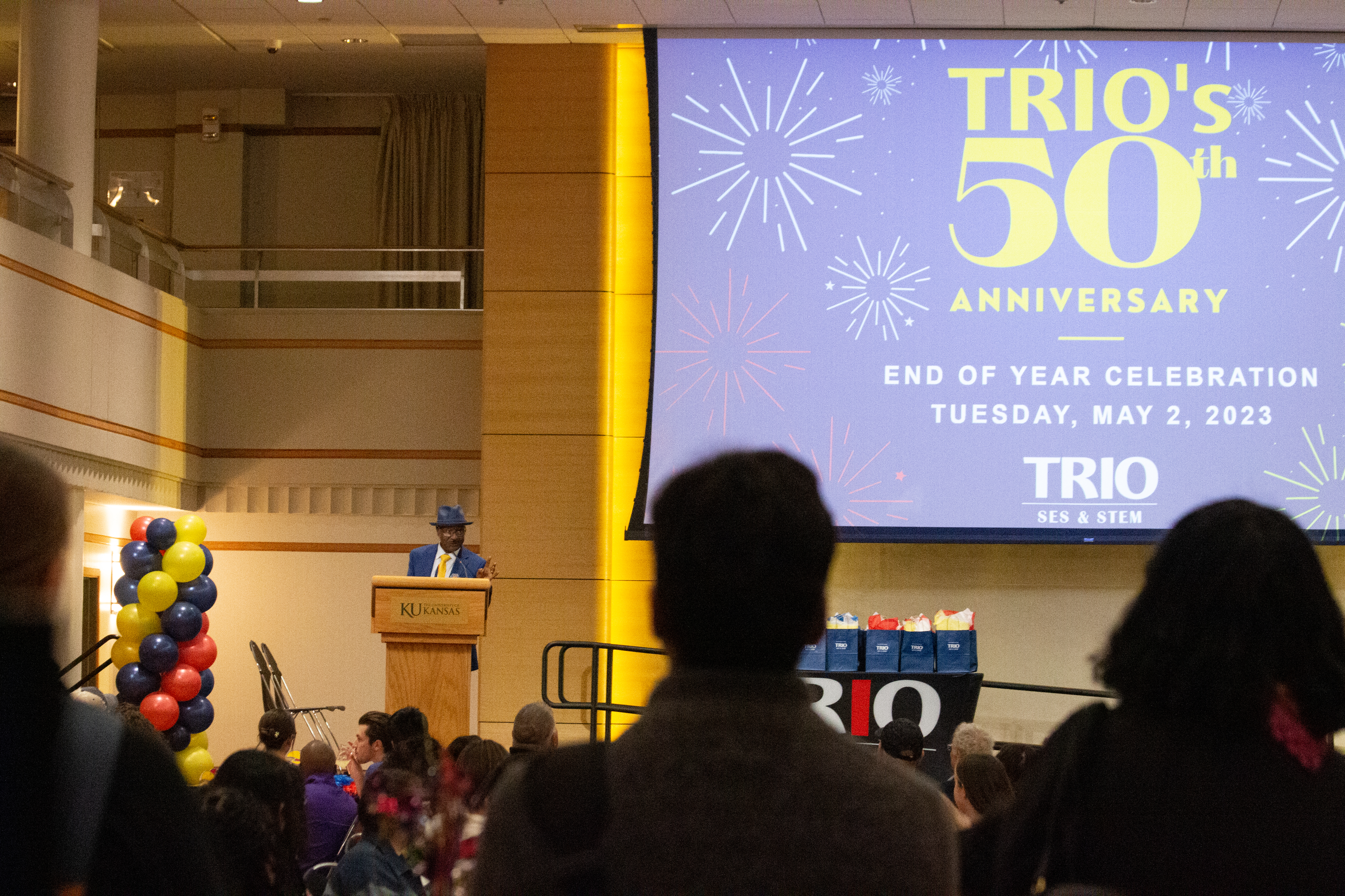 CEOP Director Ngondi Kamatuka speaks at the 2023 TRIO SES & STEM end of year celebration, also a celebration of the program 50th anniversary at the University of Kansas. 