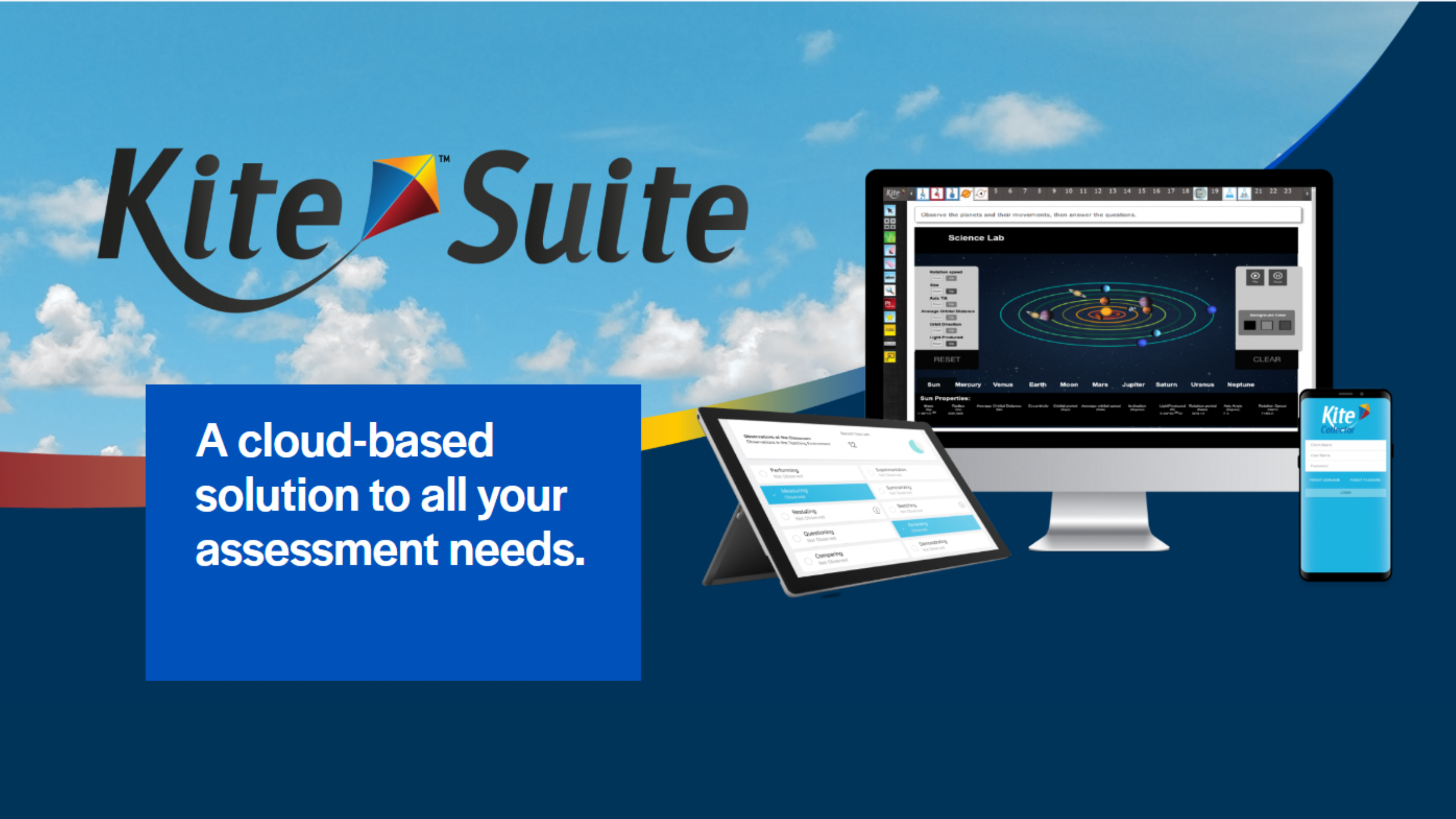 Kite Suite logo and supporting graphic, including computer devices showing elements of the tool on their screens, and text reading "A cloud based solution to all your assessment needs." 