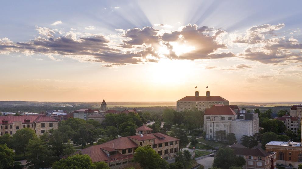 Aerial view of KU's campus in fading sunlight